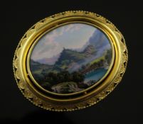 A Swiss gold and enamel brooch, of oval form, with pierced border and enamel panel decorated with