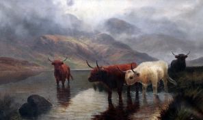 Henry.R.Hall (fl. 1895-1902)oil on canvas,Highland cattle, Loch Lubnaig,signed,30 x 50in.