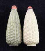 Two Chinese coloured biscuit porcelain `corn` snuff bottles, 1820-1908, in matt yellow and