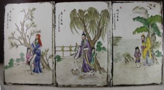 A set of three Chinese famille rose plaques, each painted with sages with attendants in