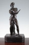 A 19th century classical bronze figure of a Roman gladiator, semi-clad holding his sword, on black