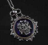 A Victorian gold and silver, blue enamel and rose cut diamond set pendant necklace, of shaped