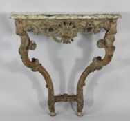 A French Louis XV carved oak console table, with serpentine green veined marble top above a