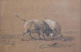Eugène Joseph Verboeckhoven (1790–1881)charcoal and chalk,Bulls` fighting,signed and dated 1877,9.