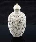 A Chinese biscuit and gilt porcelain `dragon and phoenix` reticulated snuff bottle, Qianlong mark,