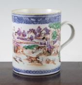 A Chinese export European subject `hunting` mug, Qianlong period, painted in famille rose enamels