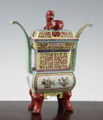 A Chinese famille rose Fang Ding censer and cover, 20th century, decorated with bowls of fruits