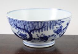 A Chinese blue and white `boys` bowl, Kangxi period, painted with boys playing in a garden to the
