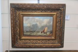 A. Hulkoil on wooden panel,Paddlesteamer off the coast,bears signature,5.5 x 8in.