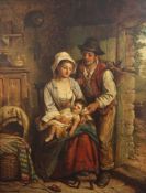 F* J* Kinnaird (19th C.)oil on canvas,The Labourer`s Return; cottage interior with young family,