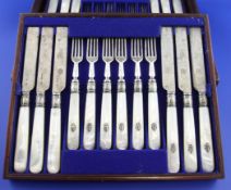 Eighteen pairs of Victorian mother of pearl handled silver dessert eaters by Goldsmiths Alliance