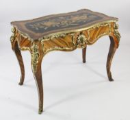 A Louis XV style walnut and ormolu mounted serpentine shaped centre table, the penwork top decorated