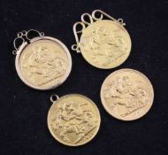 Four gold full sovereigns, 1911, 1912, 1966 & 1967, three now mounted as pendants.