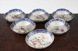 A set of five Chinese famille rose tea bowls and six saucers, Qianlong period, each painted with