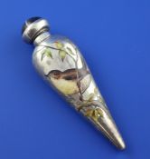 A Victorian silver and enamel teardrop shaped scent flask, with engraved monogram, inset banded