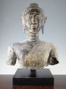A large Thai bronze bust of Buddha, with traces of gilding to the lacquer of the face and chest,