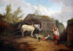After Shayeroil on canvas,Figures in a farmyard with dog and cart horse,10 x 13.5in.