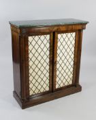 A Regency rosewood marble top side cabinet, a pair of cupboard doors with brass grills and silk