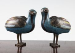 A pair of Chinese cloisonne enamel `quail` censers and covers, 19th century, each modelled as a bird