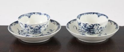Two Worcester blue and white `Mansfield` pattern tea bowls and saucers, c.1770, open crescent