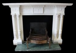 A Neo-Classical revival white painted cast iron fire surround, decorated urns, flowers and swags