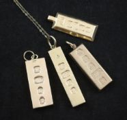 Four 1970`s 9ct gold ingot pendants and a 9ct gold fine link chain, 113 grams.