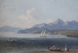 John Varley (1778-1842)watercolour,Coastal landscape with figures on a shore,signed,10 x 14in.