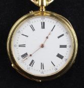 A 20th century continental 18k gold keyless lever fob watch, with Roman dial and engine turned