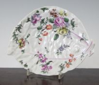 A Worcester polychrome double leaf dish, c.1760, painted with bouquets of flowers in the Chelsea