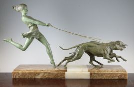 George Maxim. A green patinated metal group of a girl walking two hounds, mounted on a signed