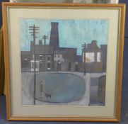 Peter Stanaway (b. 1943)acrylic on board,Man and dog on a village green,signed,20.5 x 19.5in.