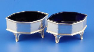 A pair of George III silver octagonal salts by Charles Aldridge, with engraved angles and reeded