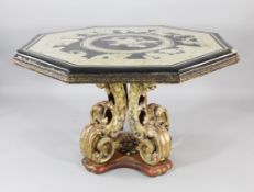 A 19th century Continental octagonal centre table, with black and white scagliola top depicting