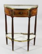 A Louis XVI style mahogany demi-lune gueridon, with marble top and undertier and ormolu mounts, with