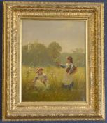 English Schooloil on canvas,Girls picking wild flowers,monogrammed,12 x 9.5in.