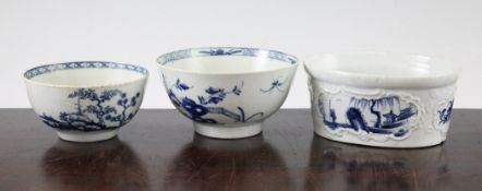 A Worcester blue and white `Warbler` pattern bowl, c.1765, maker`s mark to base; a Worcester `Cannon