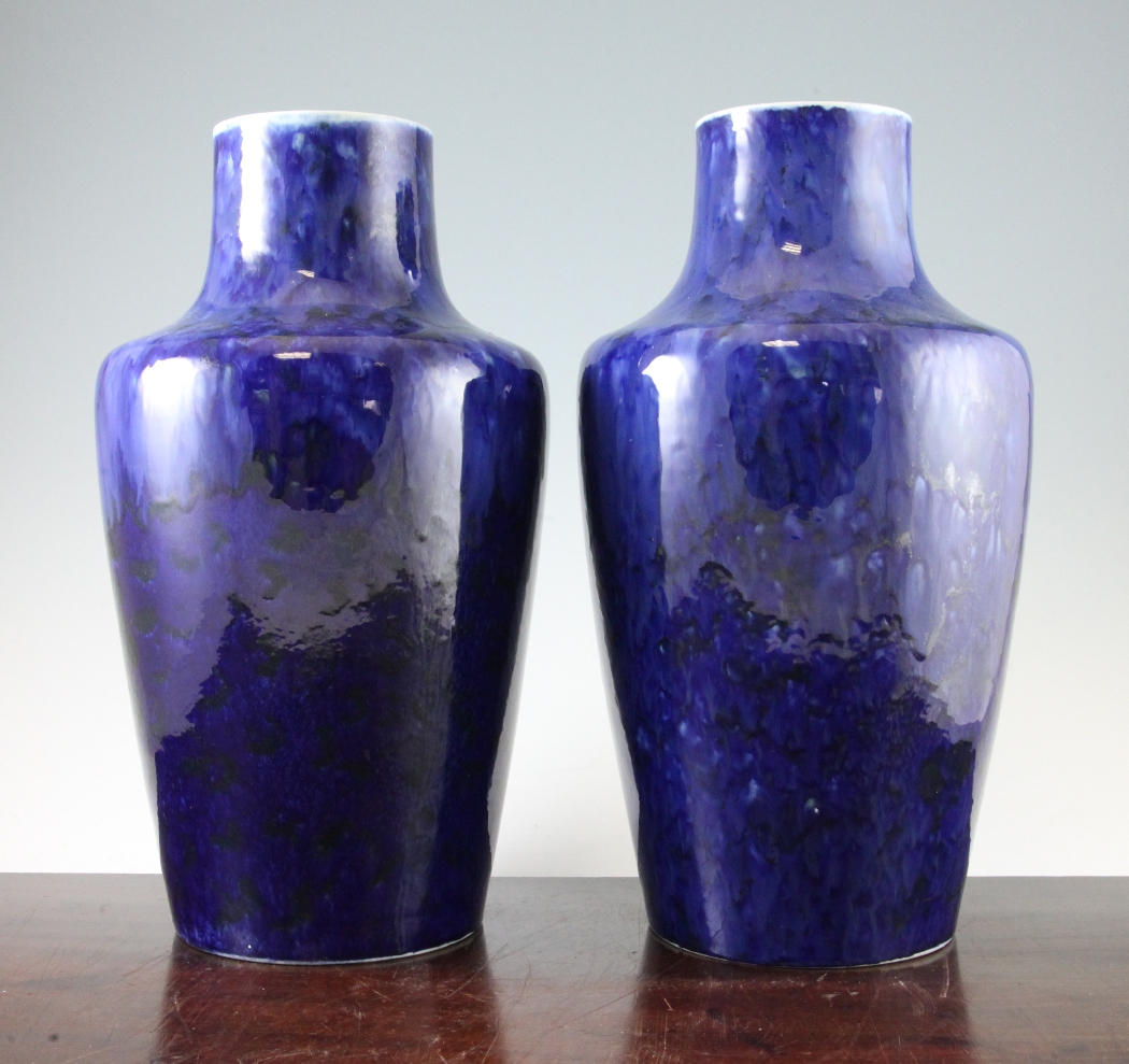 A pair of large and early Ruskin pottery blue souffle glazed vases, early 20th century, each of