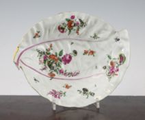 A Worcester polychrome double leaf dish, c.1760, painted with bouquets of flowers in the Chelsea