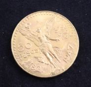 A Mexican Centenario 50 pesos gold coin.