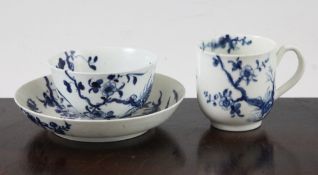 A Worcester blue and white `Prunus Root` pattern cup, saucer, and tea bowl, different First Period