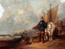 After William Shayeroil on board,Fisherfolk on the shore,initialled,9 x 12in.