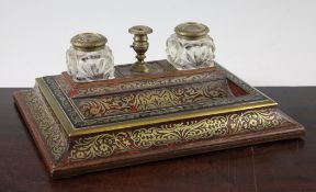 A late 19th century boulle work desk stand, with tortoiseshell and scroll brass inlay with fitted