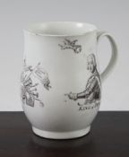 A Worcester `King of Prussia` bell-shaped mug, c.1757 printed in black with a portrait of the King