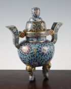 A Chinese cloisonne enamel tripod censer and cover, the globular body with a pair of applied