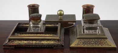 A Vickery & Co red boulle desk stand, 7in., a matching blotter another single well ink stand, 9in.