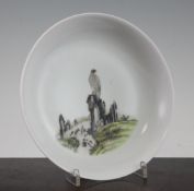 A Chinese ruby backed famille rose dish, Yongzheng mark, the centre painted with a white eagle