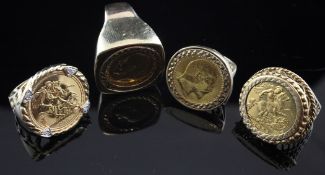 Four gold half sovereign rings, 1982, 2001 & George V(2), with later 9ct gold shanks.