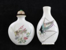 Two Chinese famille rose `cricket` snuff bottles, 1820-1920, of flattened baluster and moon flask