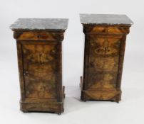 A pair of 19th century French walnut marble topped bedside cupboards, each with a single drawer