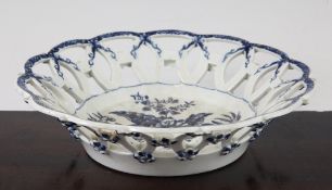 A Worcester blue and white `Pine Cone` pattern pierced basket, c.1770, the reticulated sides